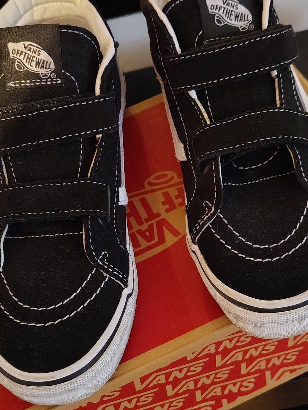 Vans Kids Black Suede Velcro Sneakers with White Trim